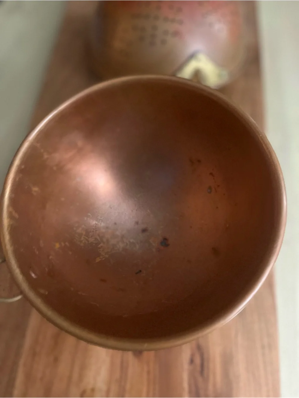 Vintage Copper-Tone Skimmer and Mixing Bowl Set with Wooden Handle